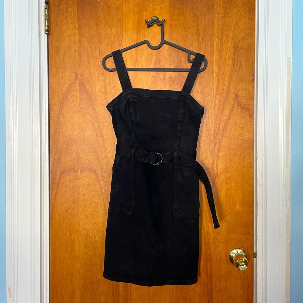 Black denim Hollister belted mini dress- adjustable straps and waist.